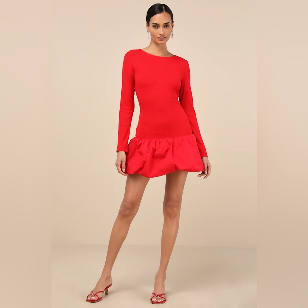 Lulus Ideal Approach Red Long Sleeve Mini Dress Bubble Hem NWT Size Large